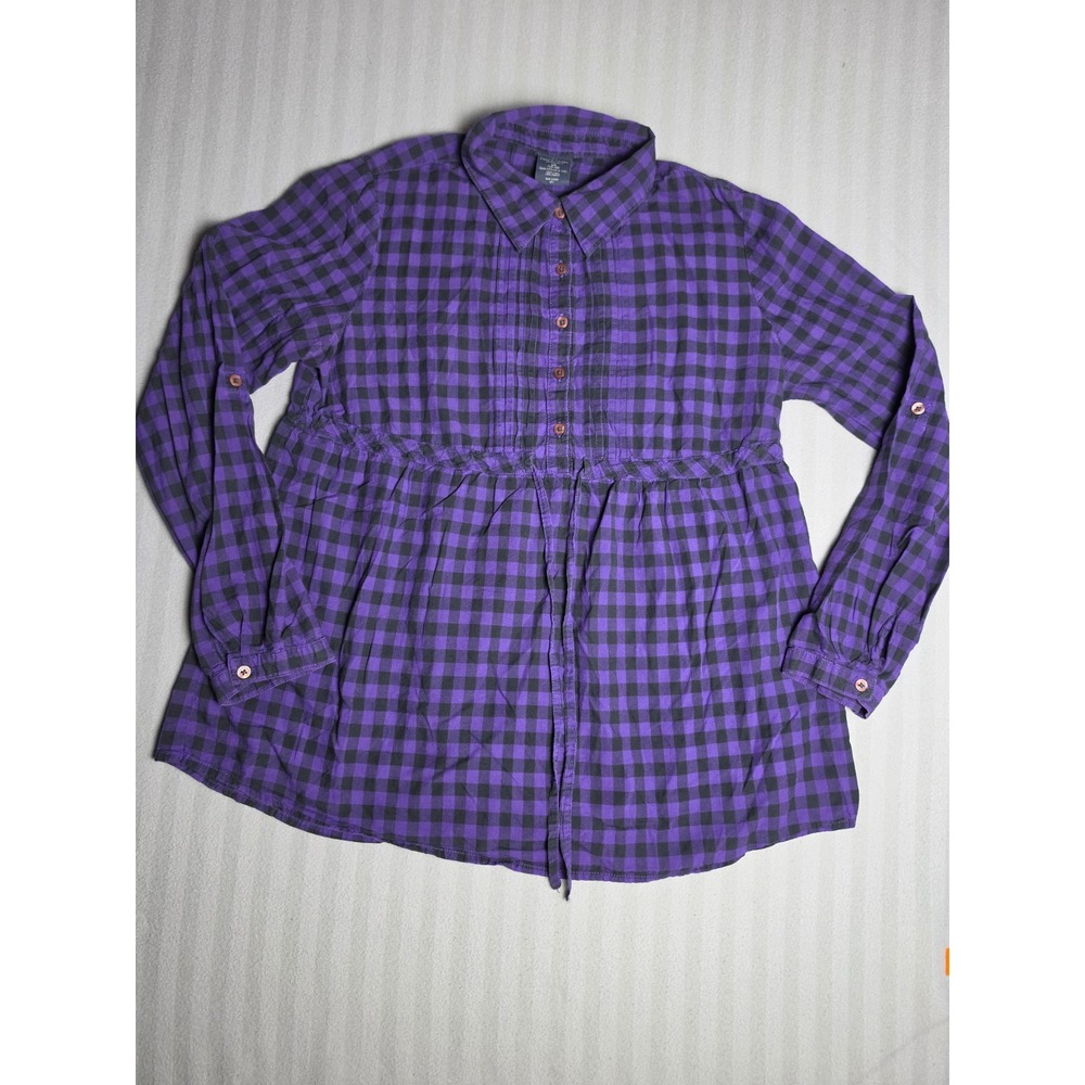 Faded Glory Purple Black Buffalo Check Plaid Empire Waist Peplum Top Large 12-14